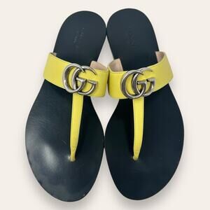 Gucci GG Marmont Thong Double G Flat Leather Sandals Yellow Silver 37.5 Women’s